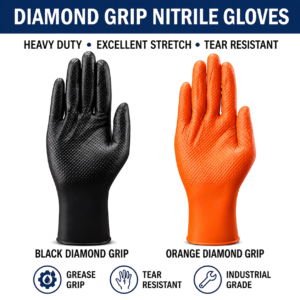 Home heavy duty diamond grip nitrile gloves – industrial grade black & orange