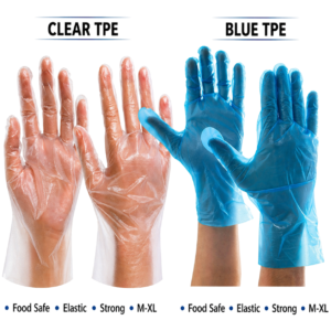 supreme ttf tpe disposable gloves – high elasticity & food safe (blue & clear)