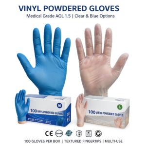 supreme ttf medical grade vinyl powdered gloves (aql 1.5) – clear & blue
