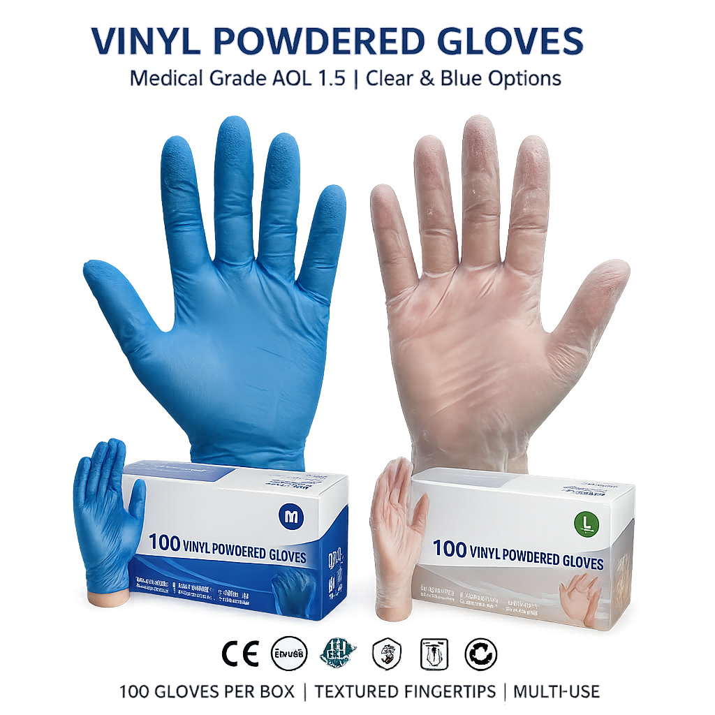 supreme ttf medical grade vinyl powdered gloves (aql 1.5) – clear & blue supreme ttf medical grade vinyl powdered gloves (aql 1.5) – clear & blue