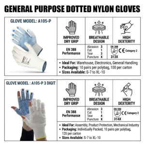 Home dotted nylon safety gloves high dexterity work gloves for assembly & packing | a105 p series